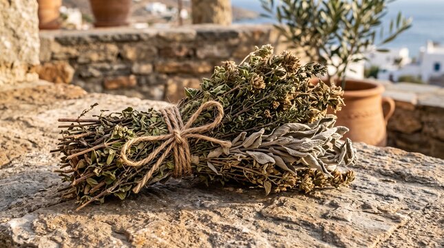 Greek Wild Herbs Bundle Thyme Oregano Sage on Stone Surface