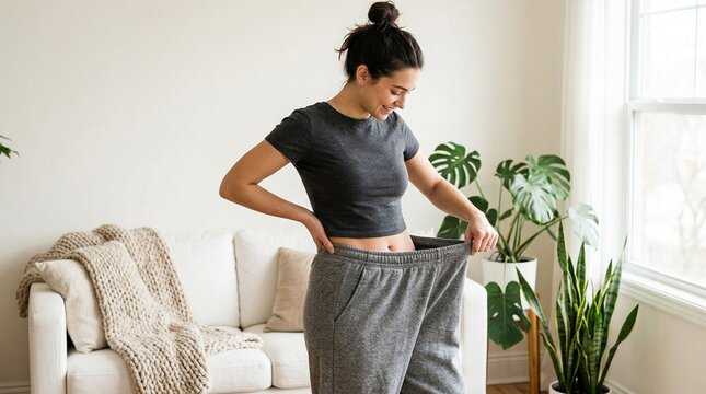 Weight Loss Success Woman Happily Shows Off Oversized Pants