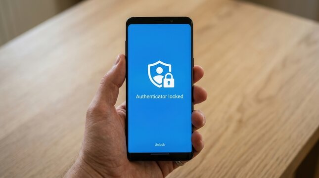 Hand holding a smartphone displaying an authenticator locked screen with a security shield icon and a padlock on a blue interface. Perfect for