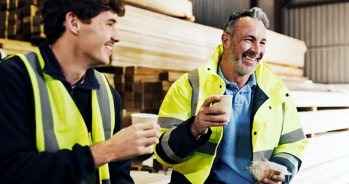 Woodwork, people or conversation with coffee for lunch break or rest together in carpentry workshop. Happy men, carpenters or contractors with smile, food or drink for social discussion in warehouse