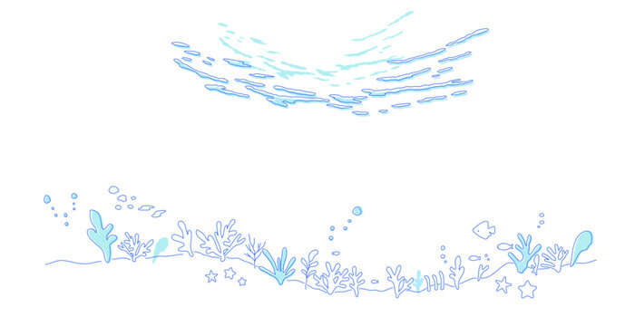 海のフレームイラスト　海　水中　波　海底　背景　マリンモチーフ