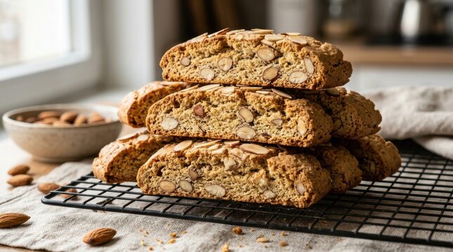 Delicious crunchy almond biscotti cookies are stacked neatly on a professional black cooling rack in a warm kitchen setting. These traditional Italian cantucci biscuits representing perfect tea snack.