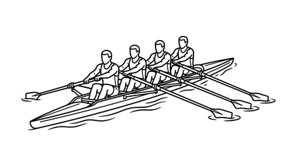 Minimalist Black and White Line Drawing of Four Rowers in a Crew Boat on Water with high quality professional line art symbols for modern creative design and digital branding projects © tuai
