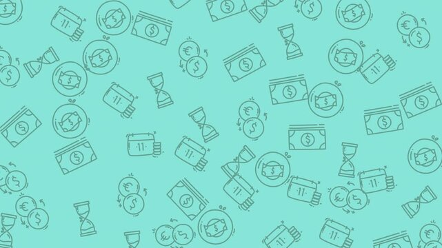 Seamless pattern background with money and time icons in a flat line art style.