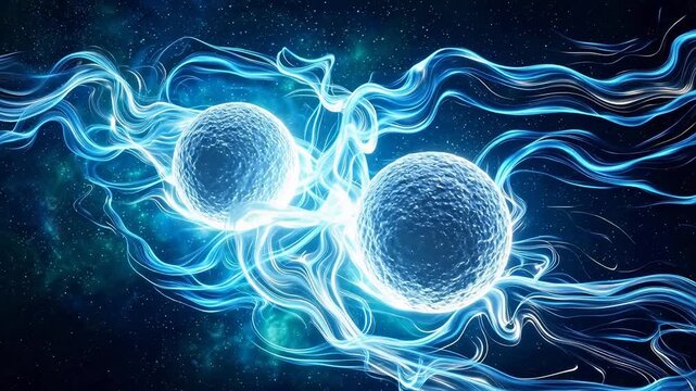 Glowing Cells Undergoing Mitosis with Energy Waves in Cosmic Background