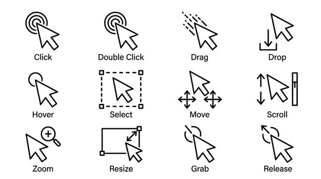 Computer cursor icons and mouse pointer symbols in minimalist line art vector style for ui ux interface design and web development projects