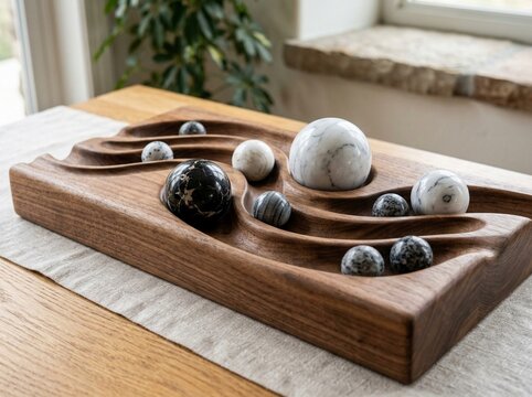 Marble Spheres Arranged on a Decorative Wooden Tray for Home Aesthetic