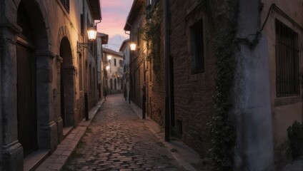 Obraz premium Charming European Alleyway at Dusk with Cobblestone Street and Warm Lighting.