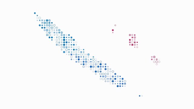New Caledonia animated country shape. Pulsating colored dots on the map of the country. Small size circle blocks. Digital style New Caledonia map on white background. Classy animation video.