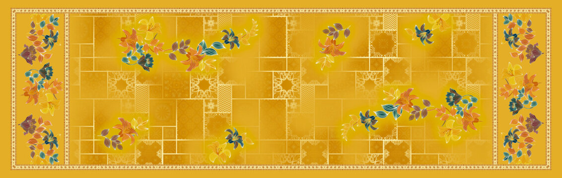 yellow colour floral and geometrical allover design