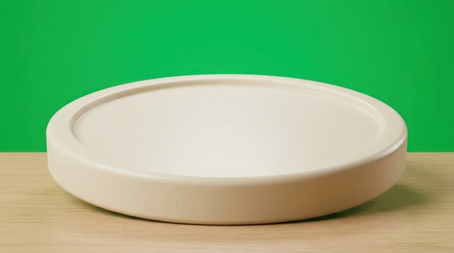 White shallow ceramic bowl on wooden table with green background