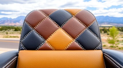 Obraz premium Close-up of a Quilted Leather Chair with Mountain View.