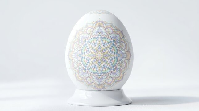 White egg with colorful mandala pattern on a pedestal stand