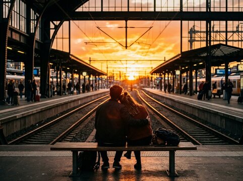 Couple Embracing at Train Station During Golden Hour Sunset