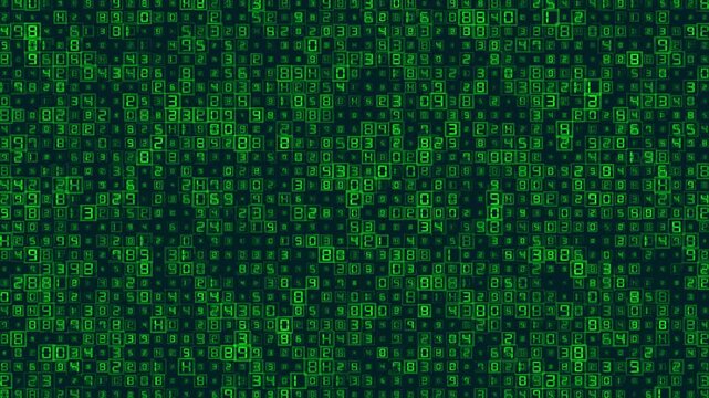Falling green binary code numbers on a dark background in a digital display