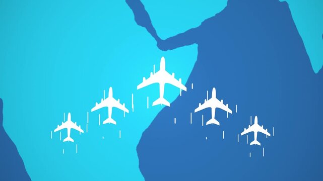 Five white airplane flying on the planet earth animation