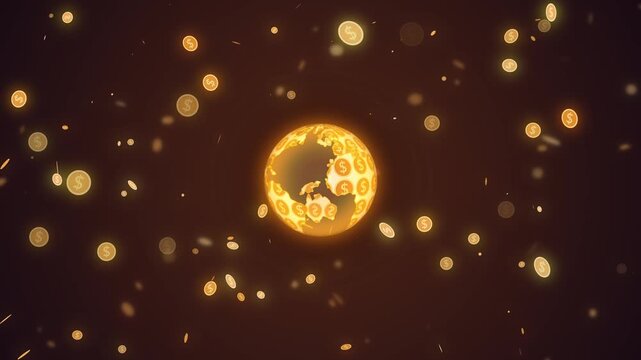 Dollar coin particle falling planet earth animation golden
