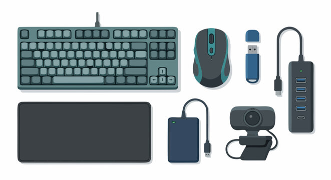 A flat lay of computer hardware and digital peripherals is arranged neatly on a white.