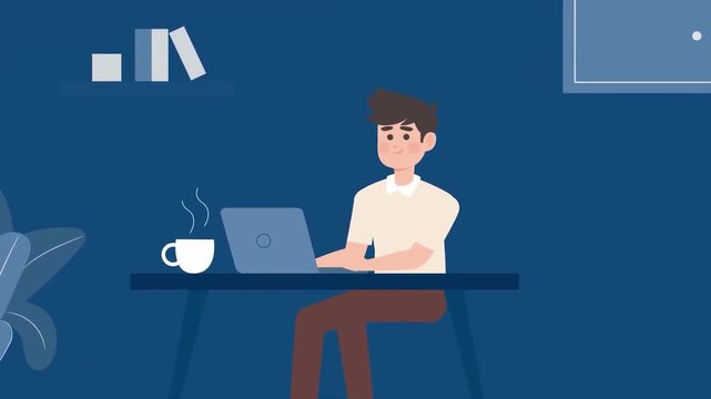2D animation of a male freelancer or developer sitting at desk working on laptop late at night dark blue room concept