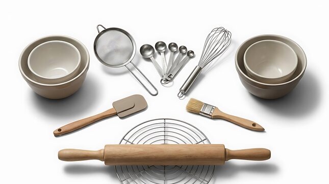 Set of metal and wooden baking tools and kitchen utensils for cooking cakes and bread. beginner baking guide
