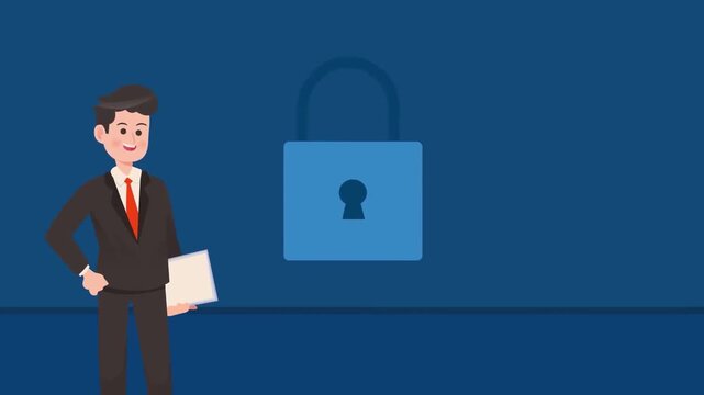 2D animation of a businessman standing in suit with open padlock symbol cyber security unlocked data privacy concept