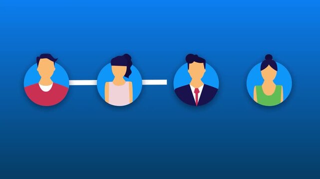 2D animation of a line connecting diverse profile user avatars social network structure community or hierarchy concept