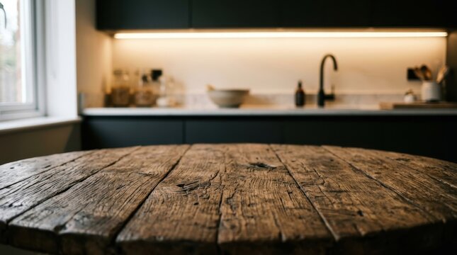 Rustic round wooden table top surface with a blurred modern kitchen interior background featuring dark cabinets and warm lighting. This empty surface is ideal for food and product placement designs.