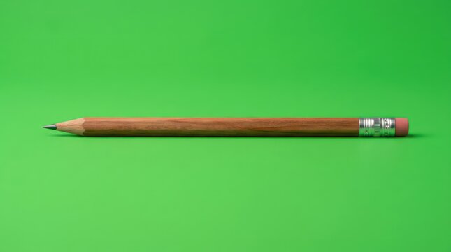 Classic wooden pencil with eraser on a solid green background
