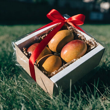 alphonso mangoes in a gift box over grass and tied
