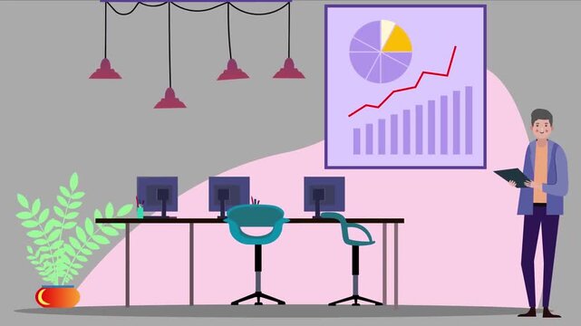 2D animation of a modern office space with computer desks and a worker presenting growth financial chart on wall board