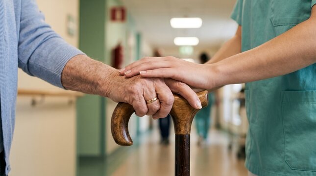 Caregiver supporting elderly patient holding a walking cane in hospital corridor