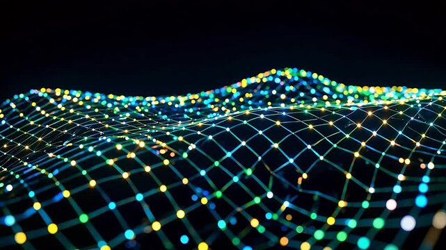 Animated Digital Wave with Glowing Network Grid and Luminous Nodes on Black Background