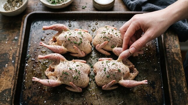 Chef preparing raw seasoned quails on a baking sheet for roasting