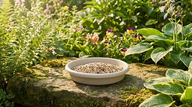 Small ceramic bowl with brown flax seeds sitting on a stone garden wall in nature. bird plastic dish