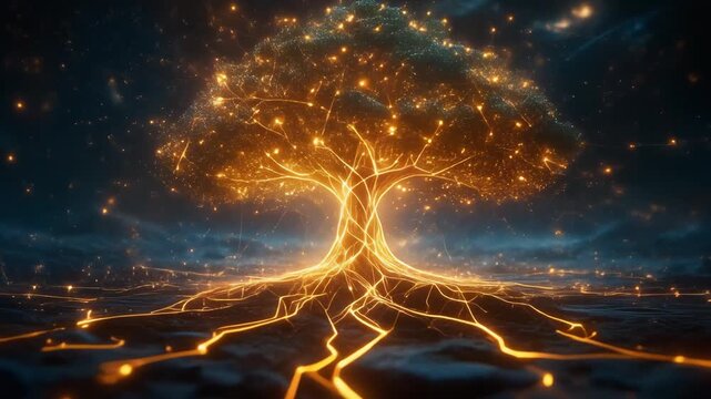 A luminous golden tree with radiant branches and roots spreading streams of light, symbolizing interconnectedness, energy, and mystical fusion of nature and technology.