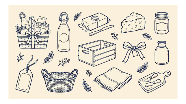 Rustic picnic basket and food hamper vector set, hand drawn line art of cheese, wine, and wooden crates, vintage farm to table grocery icons