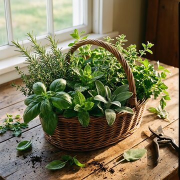 Fresh green herbs in a woven basket on a rustic wooden table with gardening shears. flavorful herb combos