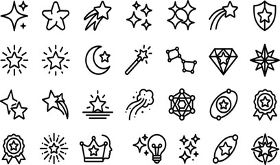Naklejka premium Star and Sparkle Line Icon Set Featuring Shooting Stars Magic Wands Constellations Diamonds Crystals Medals and Celestial Symbols for Festive Graphic Design Projects
