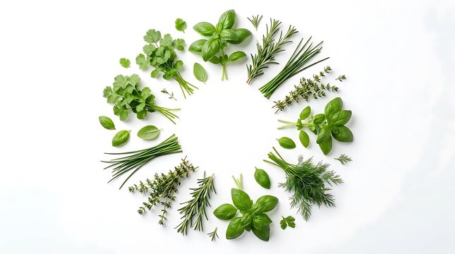 Fresh green culinary herbs arranged in a circle. flavorful herb combos