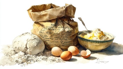 Fototapeta premium Artistic watercolor sketch of traditional baking essentials including flour sack with handwritten label, kneaded dough, and scattered eggs on white background