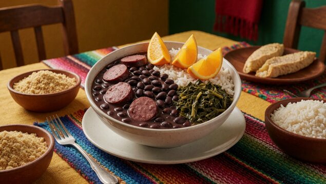 Bowl black beans rice colorful tablecloth white placed plate dark brown appear cooked there slices orange top