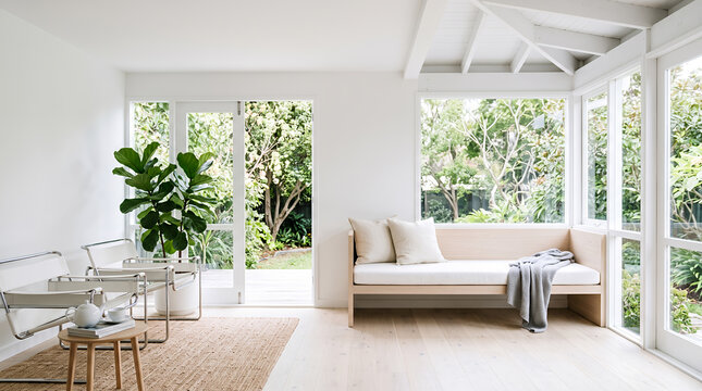 Bright white sunroom with daybed and lush garden views