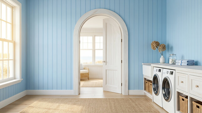 Coastal laundry room with blue paneling and arched doorway