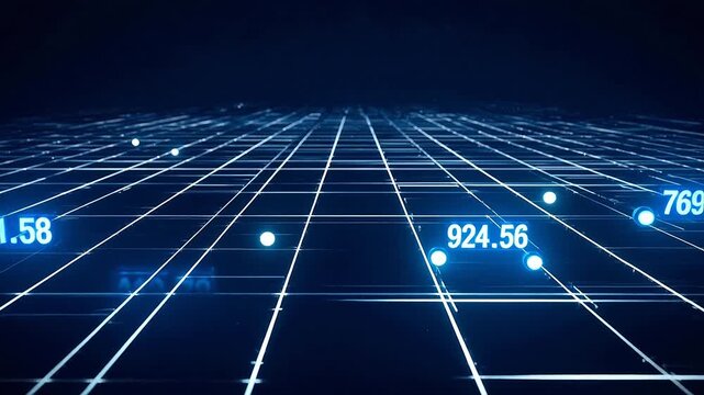 Futuristic Blue Digital Grid with Floating Financial Data Numbers - Tech Background Animation