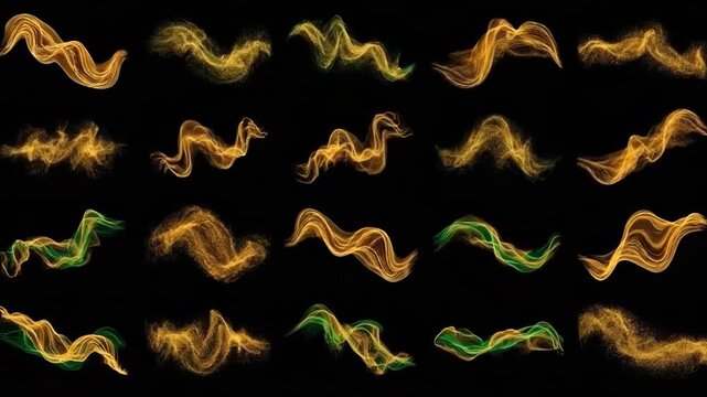 Collection of vibrant abstract smoke and light wave patterns on dark background