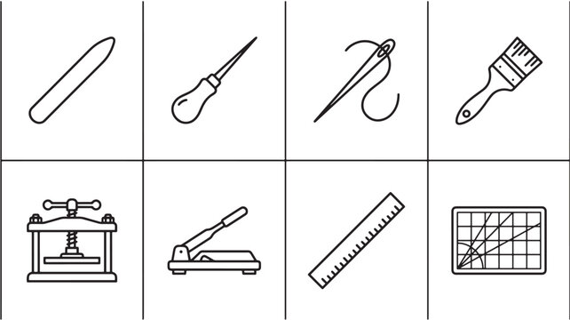 Bookbinding tools line icon set with awl and needle