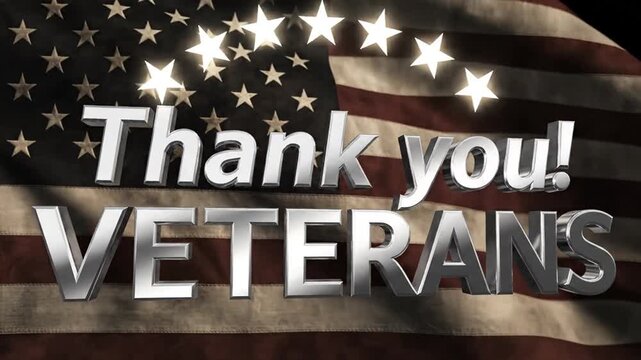Thank you Veterans text over waving American flag background
