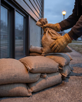 Gloved hands stacking a sandbag around a basement window well at dusk