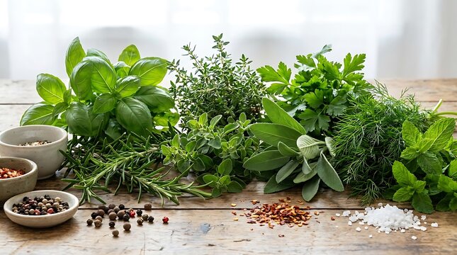 Fresh aromatic green herbs and spices in small bowls on a rustic wooden kitchen table. flavorful herb combos