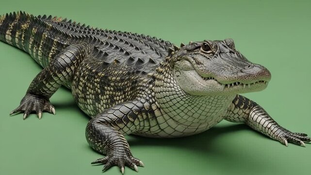 A close up view of an american alligator standing on a solid green background